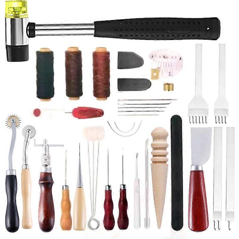 35 Pcs Leather Sewing Tools Diy Leather Craft Tools Hand Stitching Tool Set With Groover Awl Waxed Thread Thimble Kit
