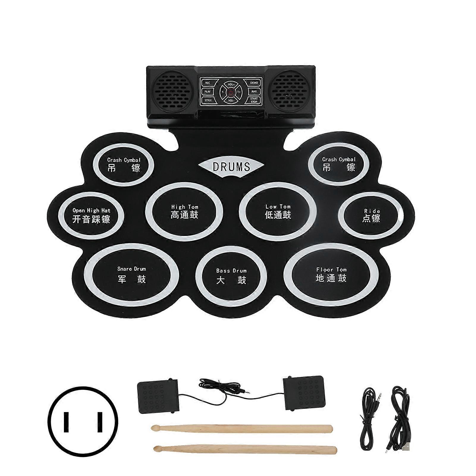 Electronic Drum Pad Set Roll Up Foldable Kit with 2 Speakers Battery 100?240V DM10US Plug
