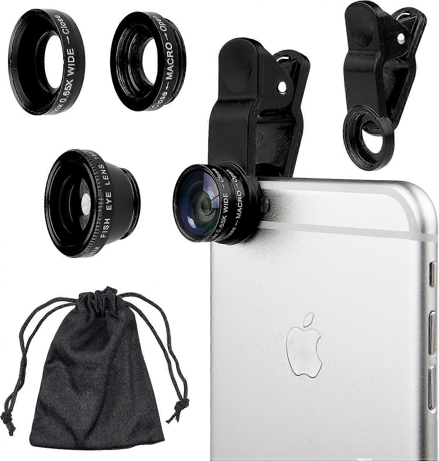 Universal 3 in 1 Cell Phone Camera Lens Kit for Smartphones Including - Fish Eye Lens / 2 in 1 Macro Lens & Wide Angle Lens/Universal Clip/Carry Pouch