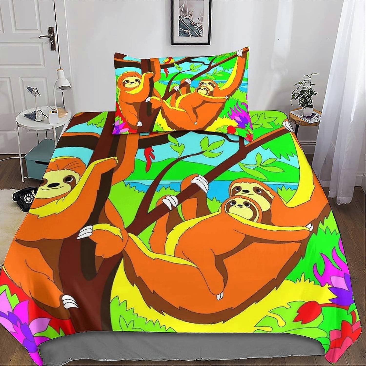 Cartoon Sloth Duvet Cover Sets D, Cute Sloth Printed Bedding Set with Pillowcase for Teens and Adults Single