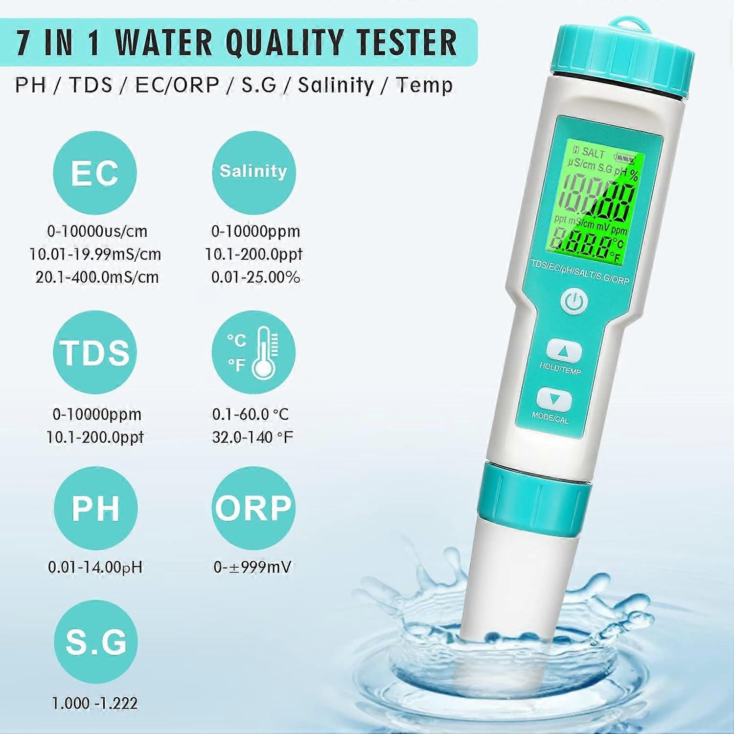 Digital PH Meter,7 in 1 PH/TDS/EC/ORP/S.G/Salinity/Temp Meter with ATC,0.01 Resolution High Accuracy Pen Type Tester,Backlight Water Quality Tester fo
