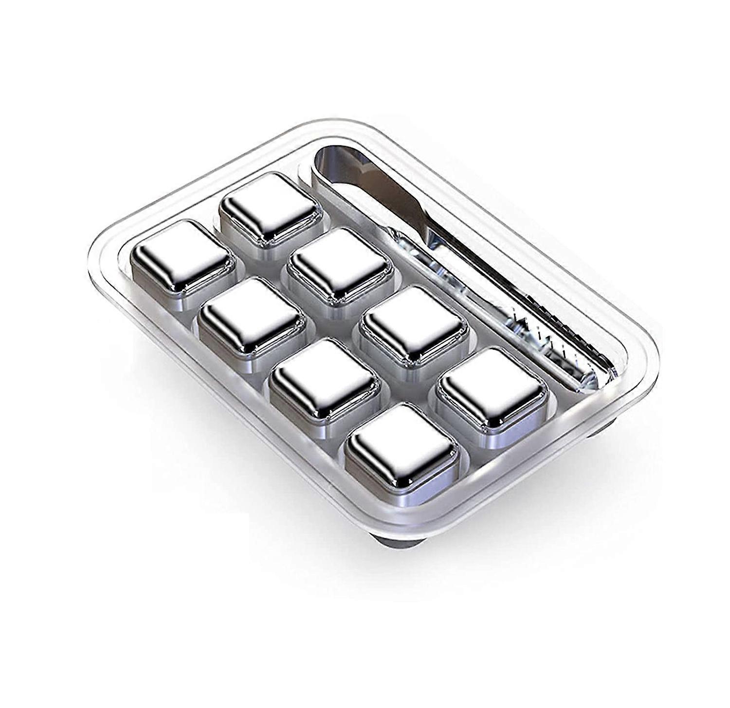 Set of 8 Whiskey Cooling Ice Cubes Stainless Steel Reusable with Tongs