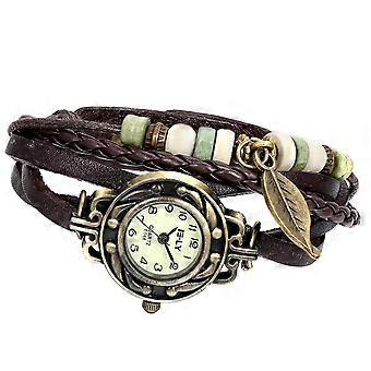 Reloj de pulsera de cuero hecho a mano vintage Hoja de árbol Mujer Señora Envolvente Alrededor Reloj de cuarzo Pulsera Reloj de vestir