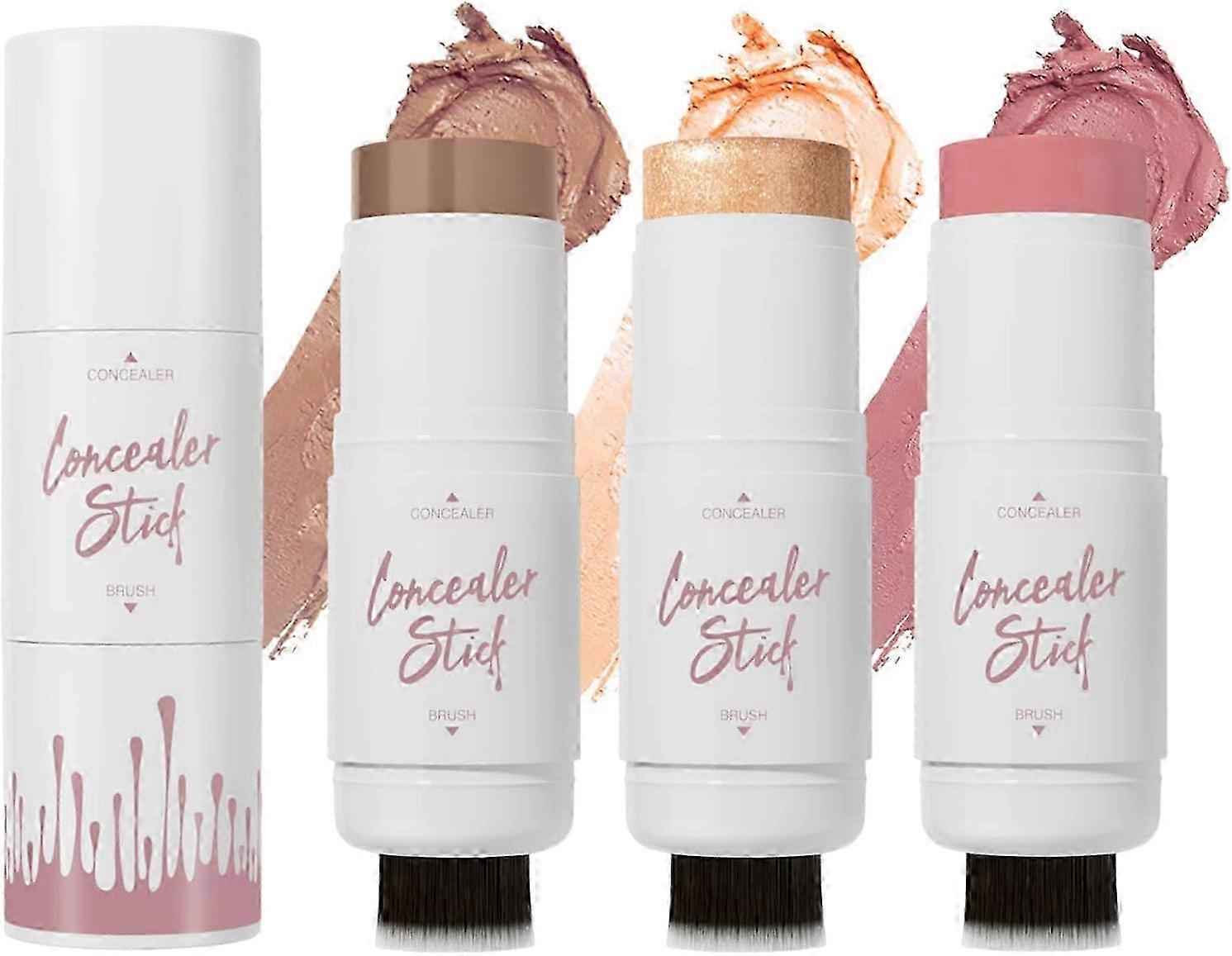 Contour Stick, عصا مكياج هايلايتر، عصا أحمر الخدود، عصا برونزر، 3 قطع مجموعة أحمر الخدود هايلايتر مع فرشاة لإطلالة خالية من العيوب