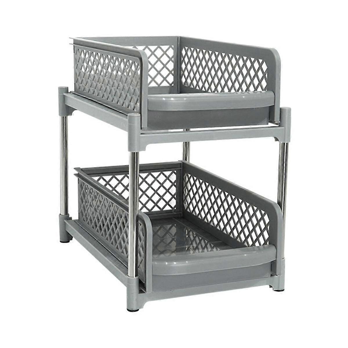 Space-Saving Design 2-Layer Organizer with Pull-Out Drawers, Sliding Bathroom and Kitchen Cabinet Storage Gray