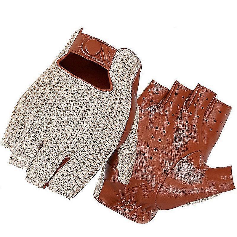 Men Genuine Goatskin Leather Gloves Half Finger Hook-loop