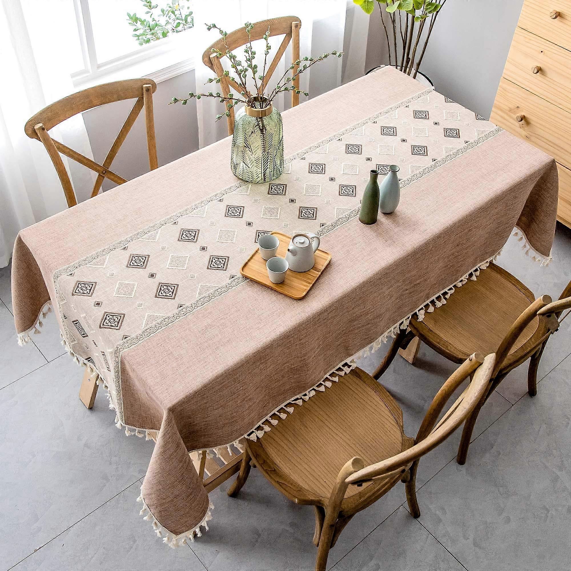 2024Tablecloth Rectangle Cotton Linen Table Cloth, Square Stitching Tassel Design Rectangle Tablecloths