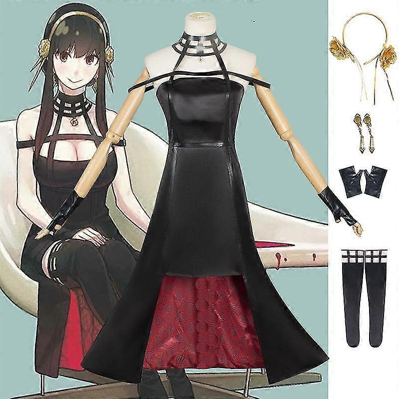 Anime Spy Family Yor Forger Cosplay Killer Assassin Gothic Halter Abito Nero Outfit Con Calze In Pelle Women Party Clothing