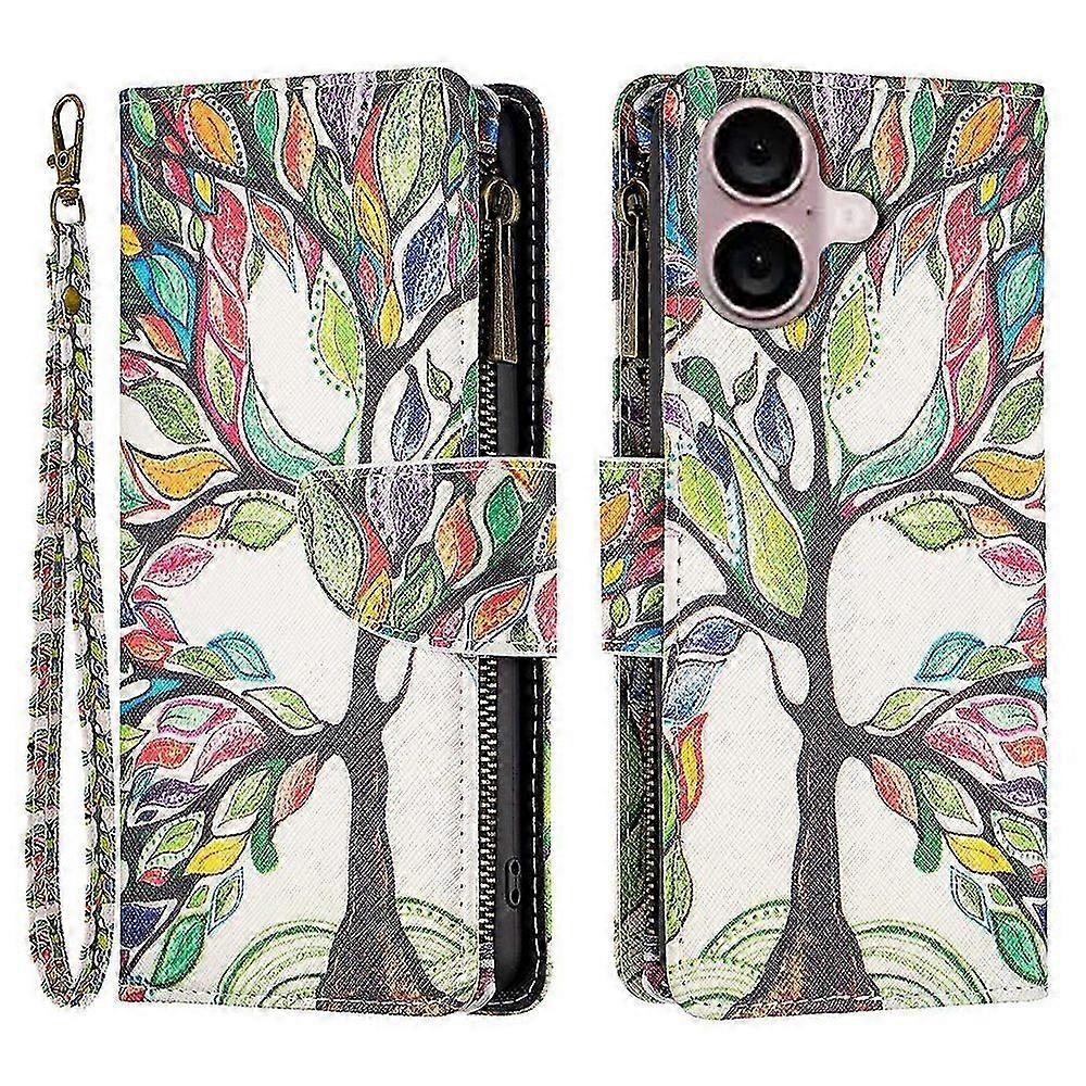 For iPhone 16 Case Pattern Printing Zipper Leather Phone Stand Cover