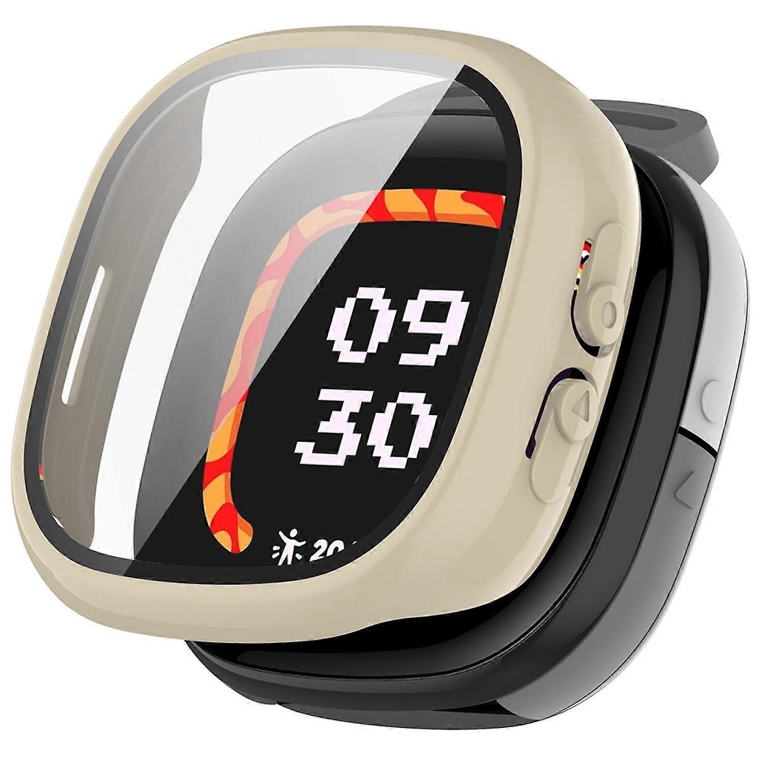 For Fitbit Ace LTE Plastic PC Watch Case + Protective Hard Glass Beige