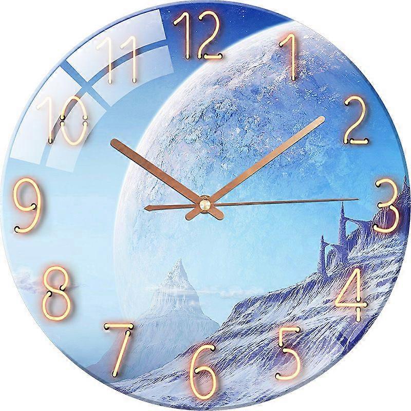 Glass Wall Clock Silent Non Ticking Wall Clock- 12 Inch Quality Quartz Battery Operated Round Clock for Home Office Moon