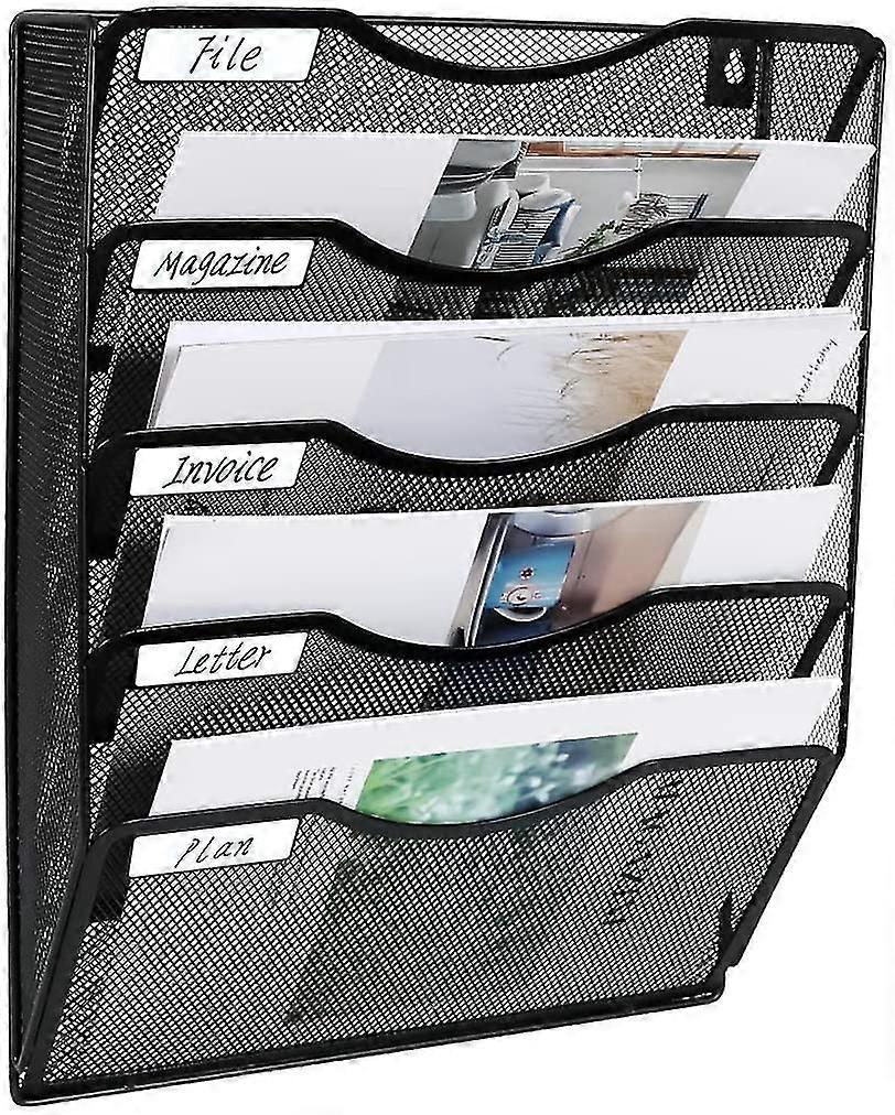 5 Poets Mesh Wall File Holder Office Hanging File Folder Magazine Ra Mail Sorter Bin | Nametag Label Included, Bla