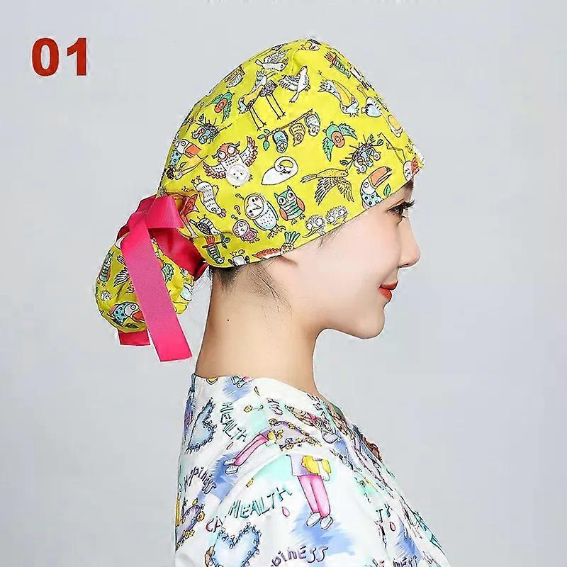 Cartoon Printed Nurse Cap Elastic Pet Hospital Surgeon Cap Dentist Cap Beauty Scrub Cap Cotton Female Surgical Cap