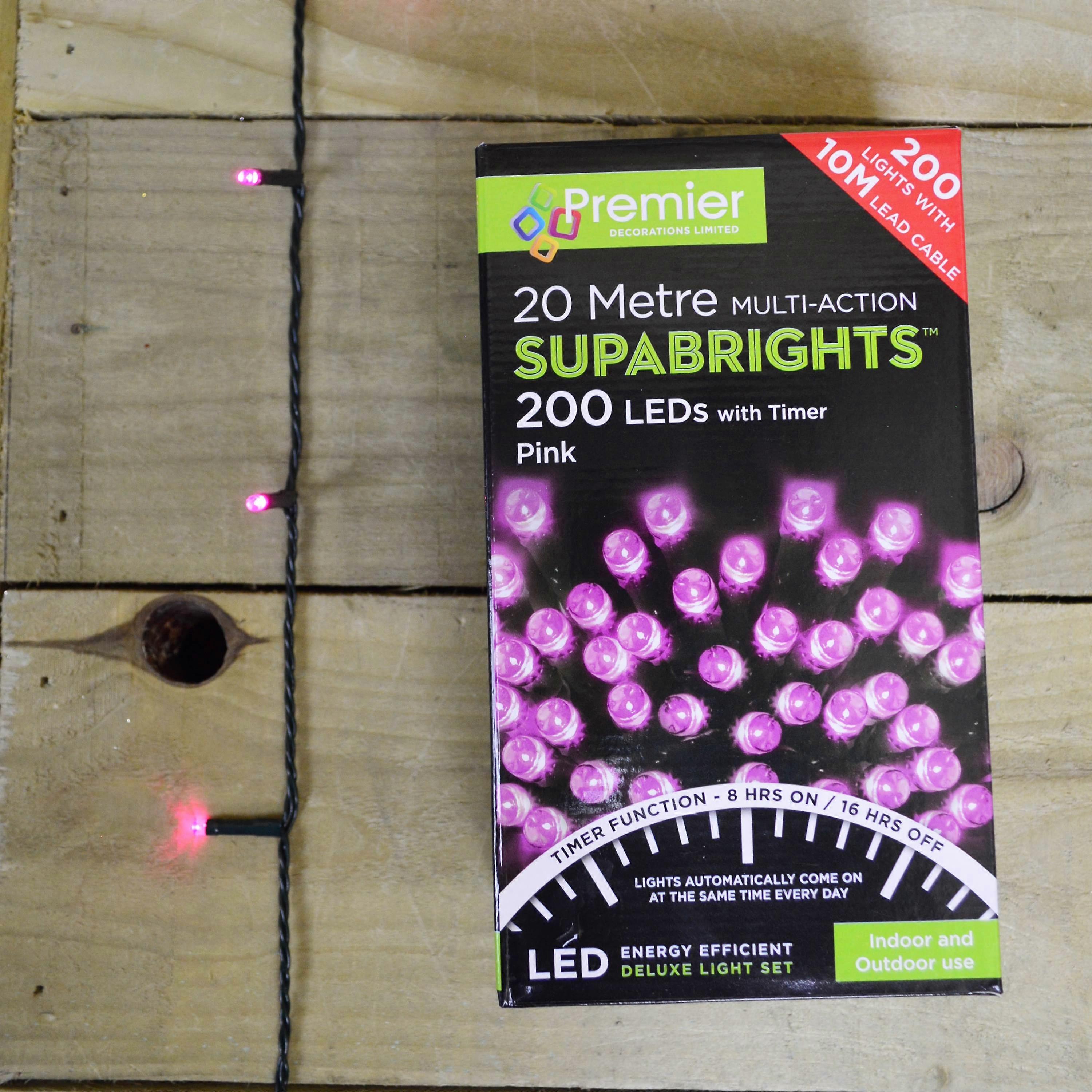 200 Led (16m) Premier Supabright Led Christmas Lights With Timer - Pink