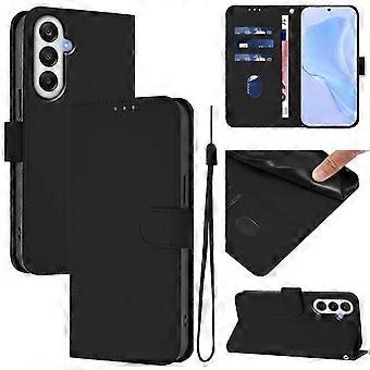 For Samsung Galaxy A55 5G Case Solid Color Wallet Leather Phone Cover with Strap - Black