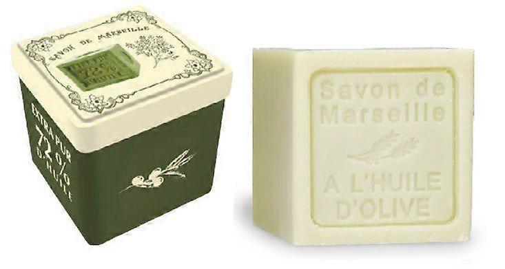 Metal soap tin square with print Savon de Marseille with soap block Olive oil – Vintage stock bli