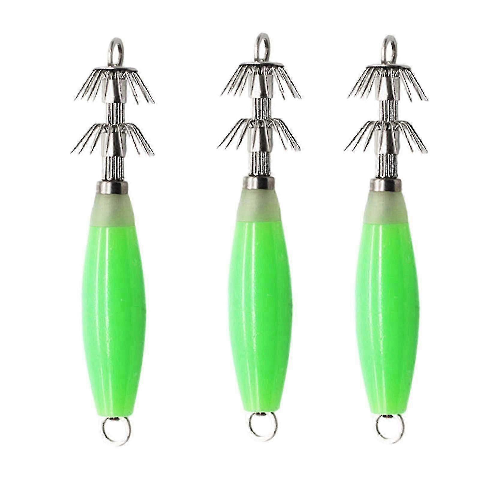 3x Luminous Squid Jig Hooks Artificial Fishing Lures Metal Hook Squid Lures Green