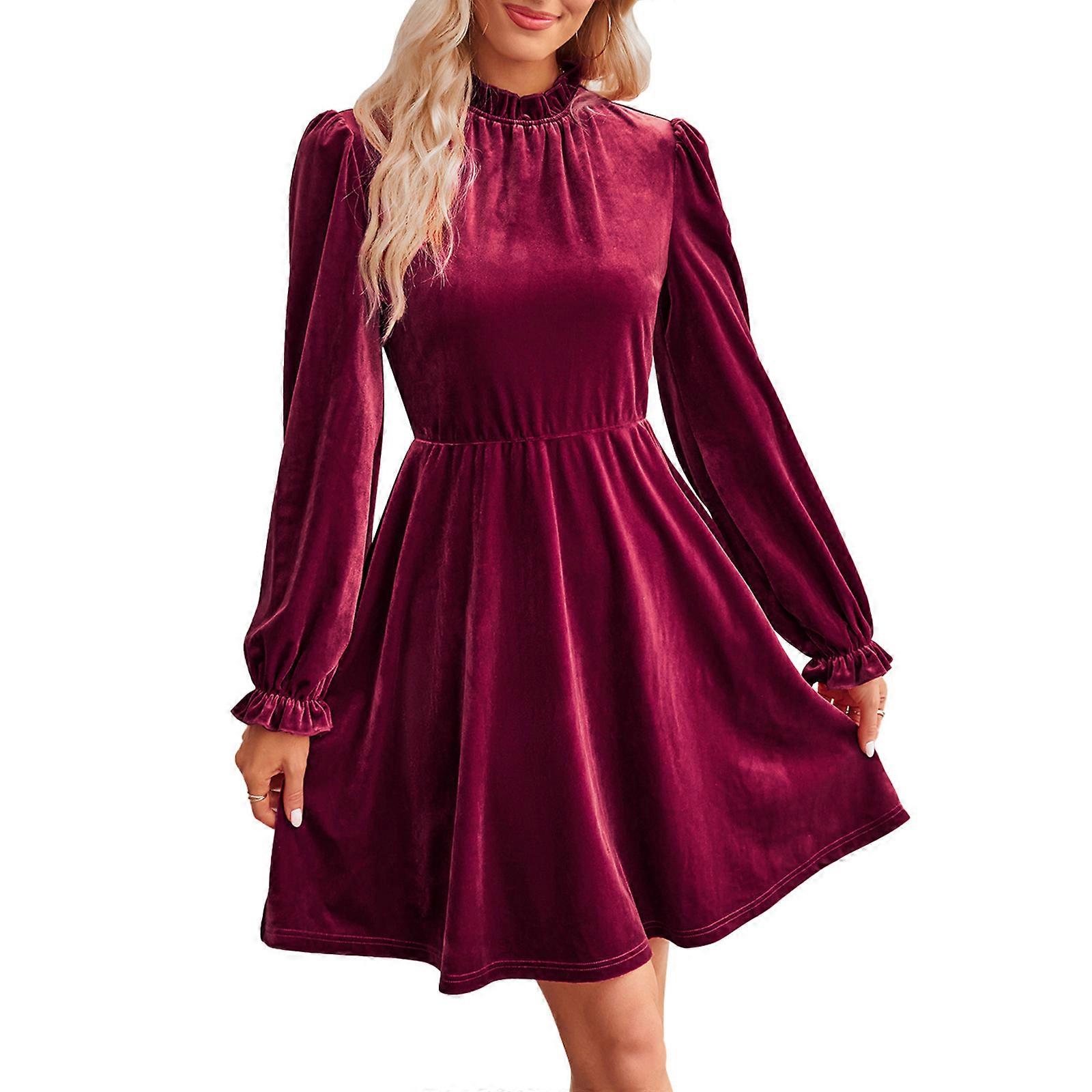 Fashion A-line Knee Length Skirt Women Sweet Style Long Sleeve Dress  Vintage Sexy High Waist Velvet Dress for Prom Burgundy S | Fruugo UK