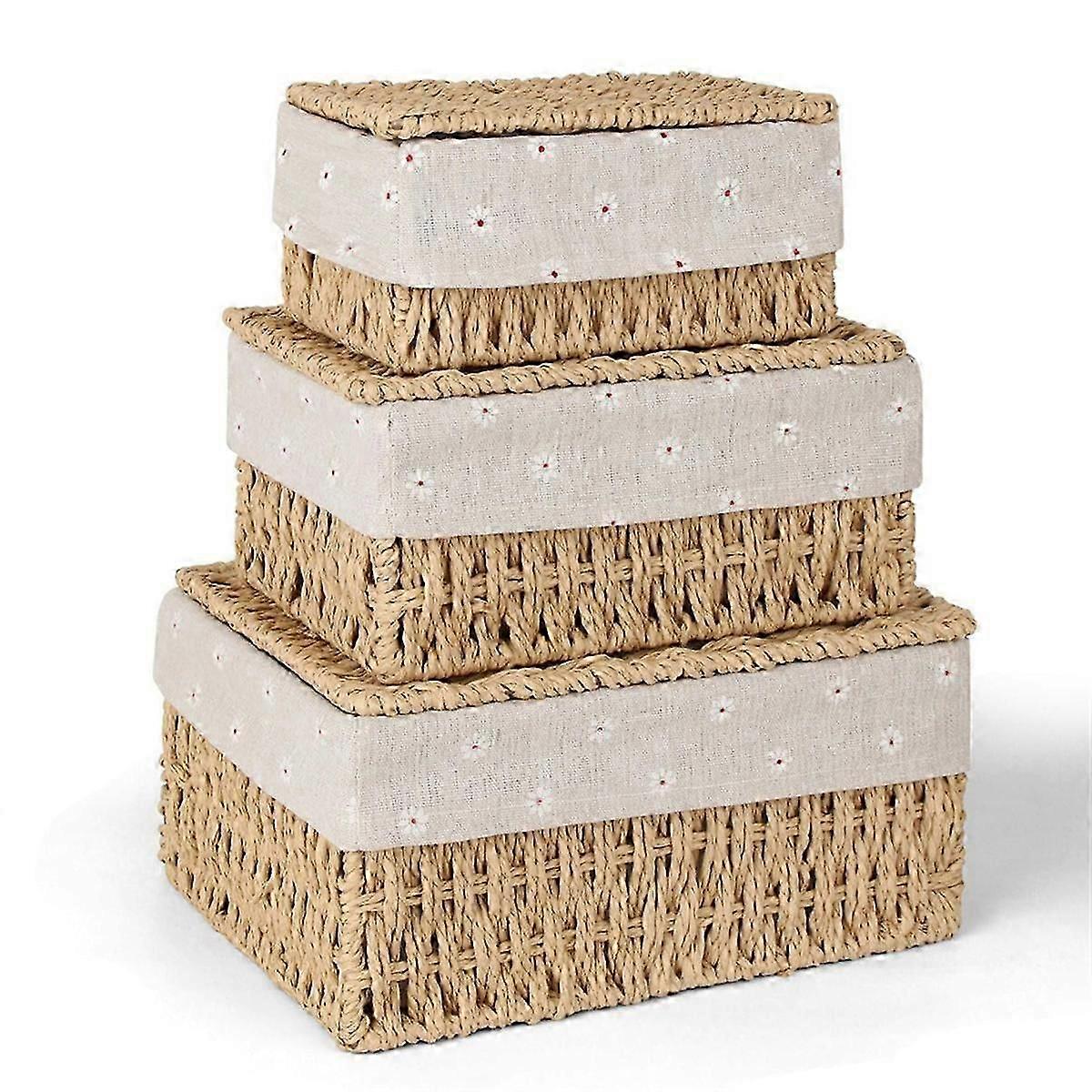 Storage Basket, Pack of 3 Storage Basket with Lid, Woven Basket Made of Paper Rope, Boho Decor Baskets with Lining