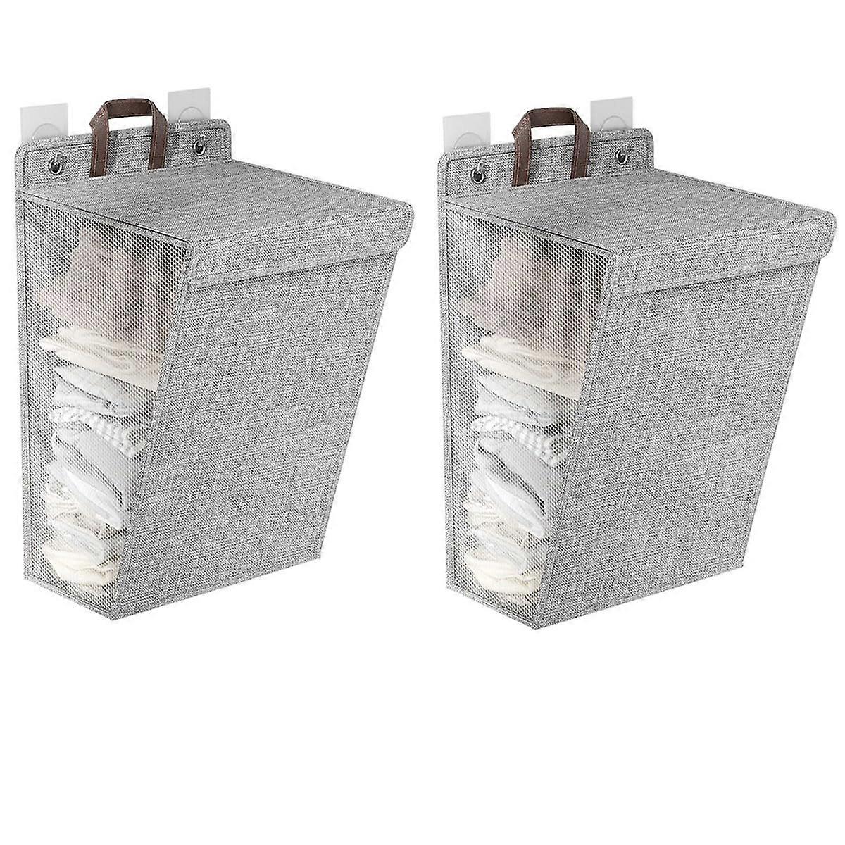 Collapsible Laundry Hamper with Lid - 2 Pack Wall Hanging Laundry Bag with Sticky Hook, Space-Saving Design, Beige