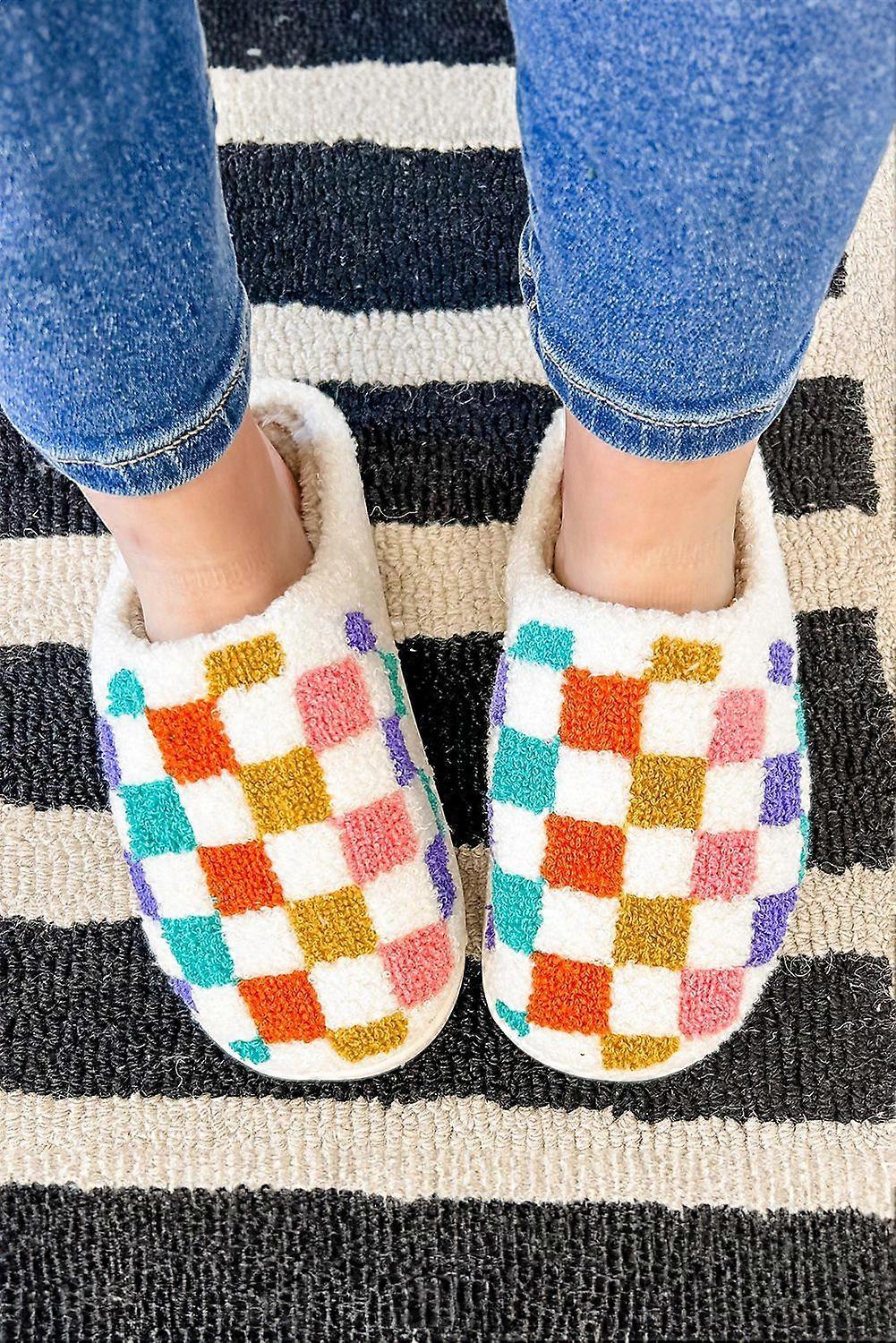 Women's White Vibrant Checkered Plush Thermal Slippers