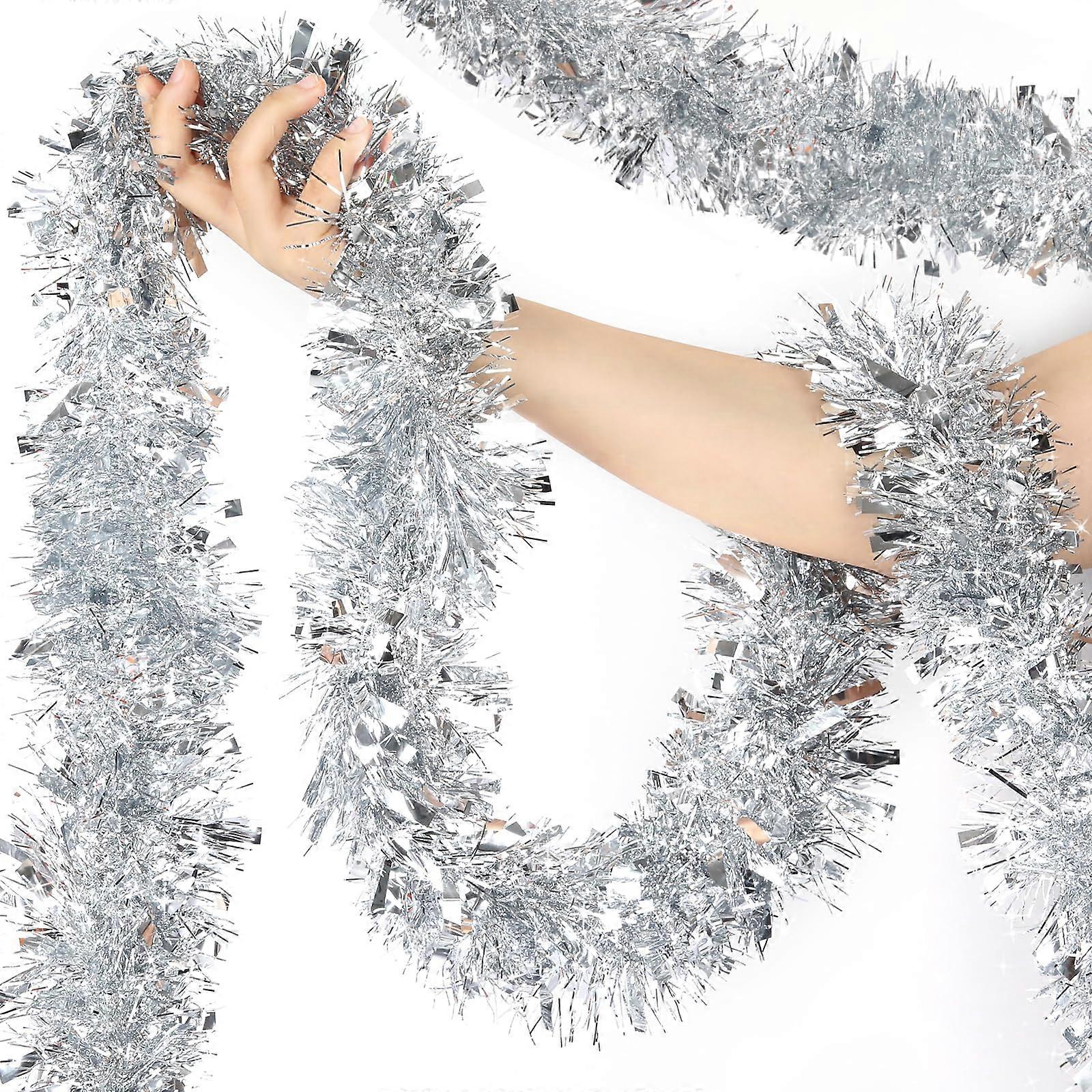 50 Feet Silver Metallic Tinsel Garland for Christmas Tree, Stairs, Fireplace Decorations, Shiny Twist Style