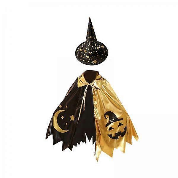 3x Halloween Child Wizard Cloak And Wide Brim Pointed Hat Set for Themed Party