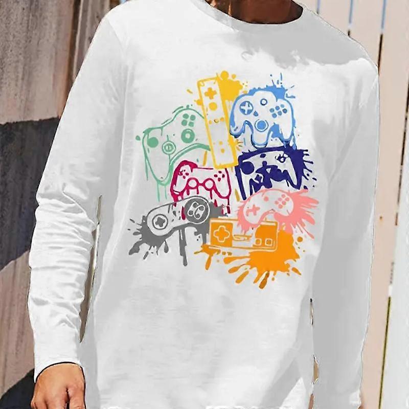 Game Controller Graffiti Print Herren T-Shirts Langarm T-Shirts Rundhalsausschnitt Casual Pullover Herrenbekleidung Plus Size
