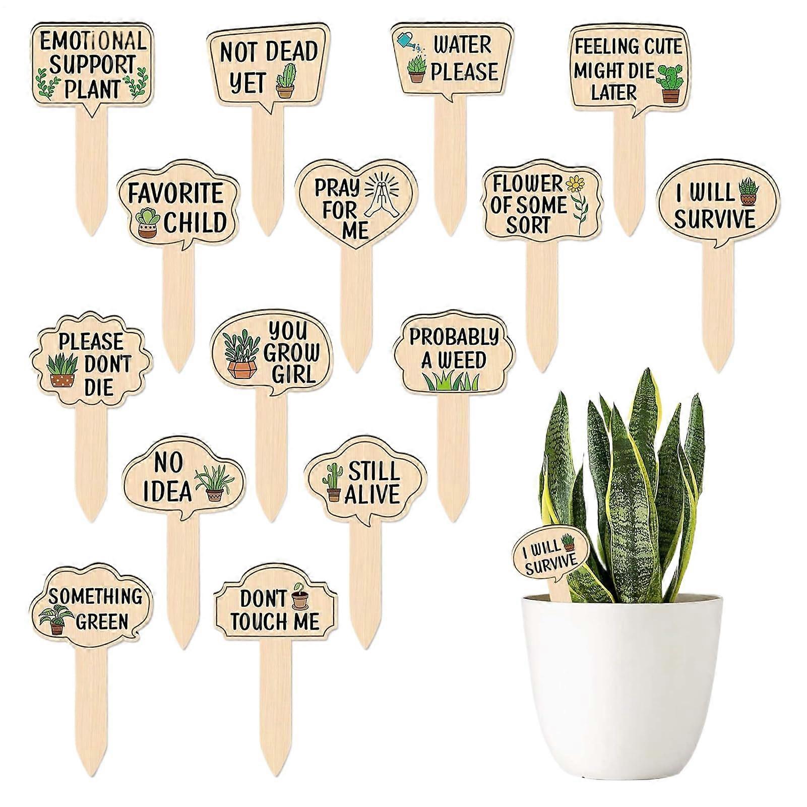Plant labels waterproof with wooden sticks, 15X with funny sayings for flower pots