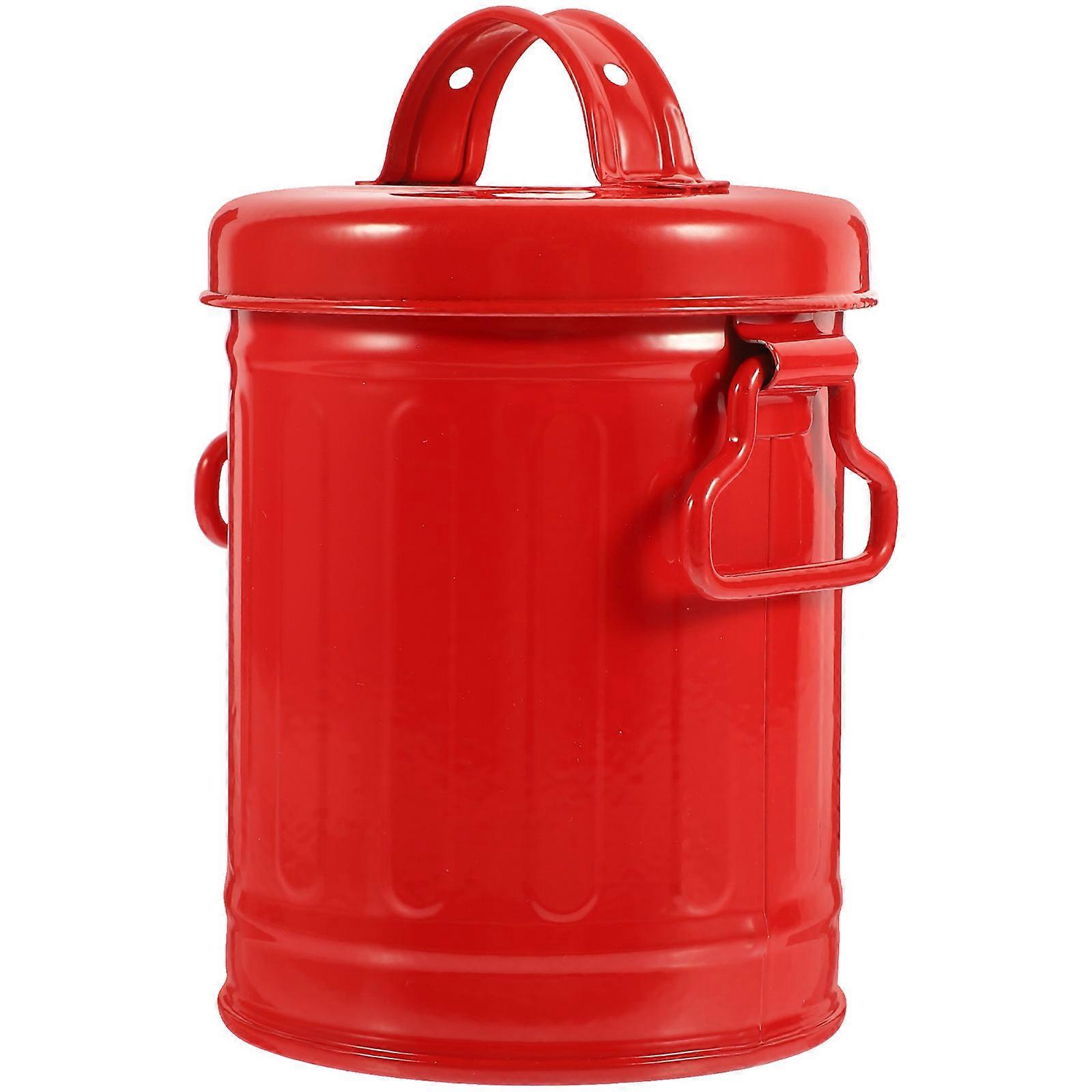 Small Metal Trash Can Desktop Mini Trash Can Lidded Design For Home Use Red 14X9.7X9.7CM Iron Stationery Storage 1Pack