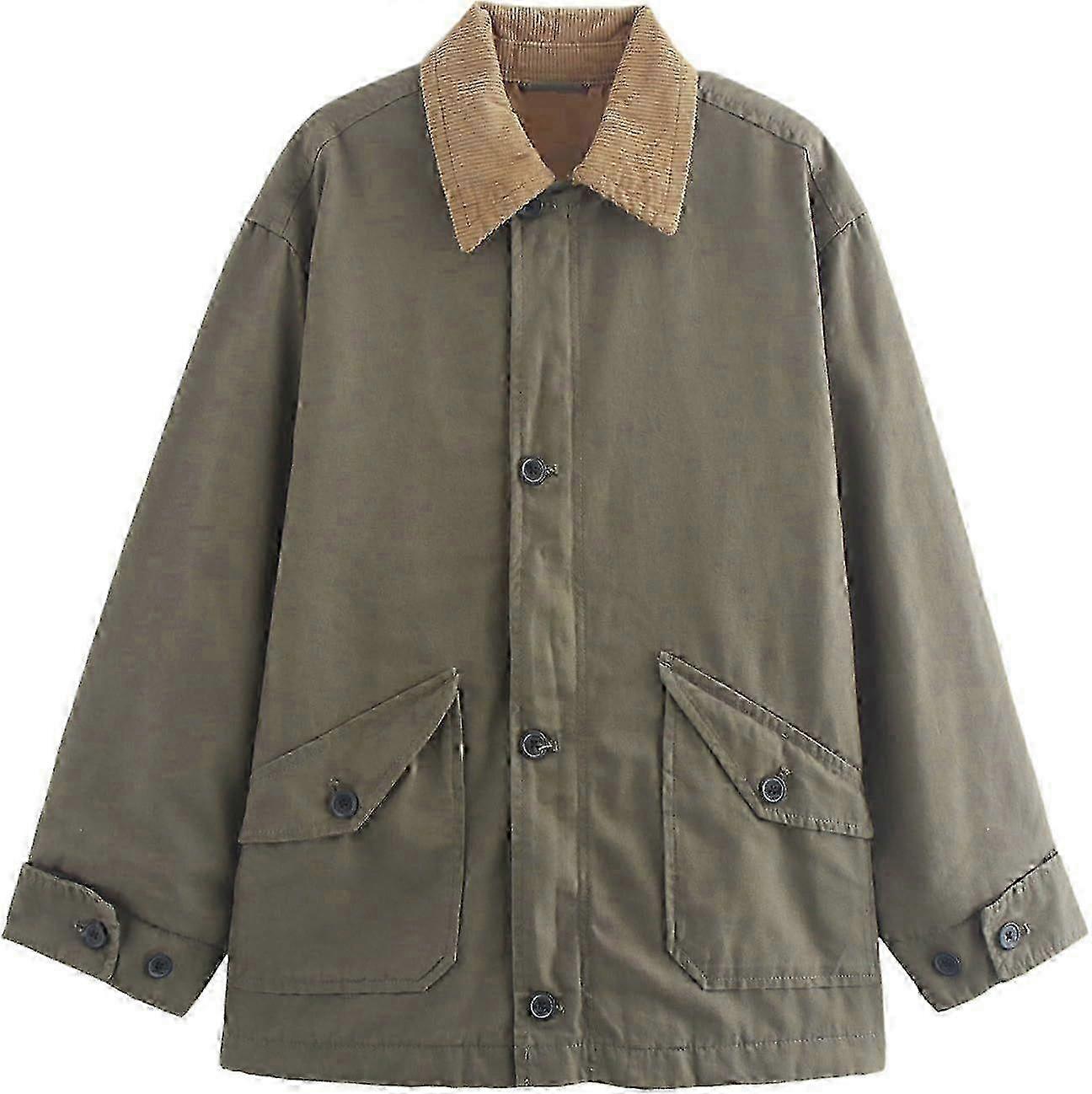 Oversized Corduroy Barn Jacka för kvinnor - Casual Button-Down Canvas Ytterkläder med Snygg Kavajslag Krage