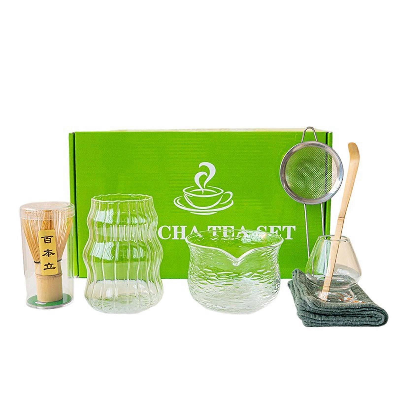 7 Piece Matcha Whisking Set Handcrafted Bamboos Whisks And Clear Glass Bowl For Traditional Teas Preparation And Modern Beverages Multicolor