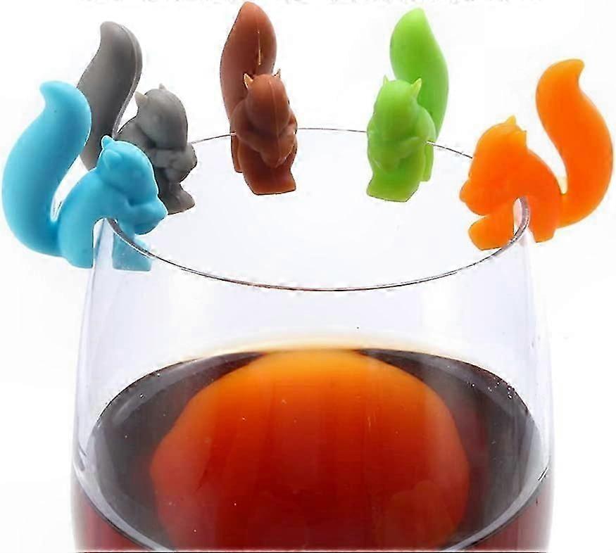 Set of 5 Reusable Silicone Wine Glass Charms Squirrel Design Cup Markers for Parties and Wine Tasting Events
