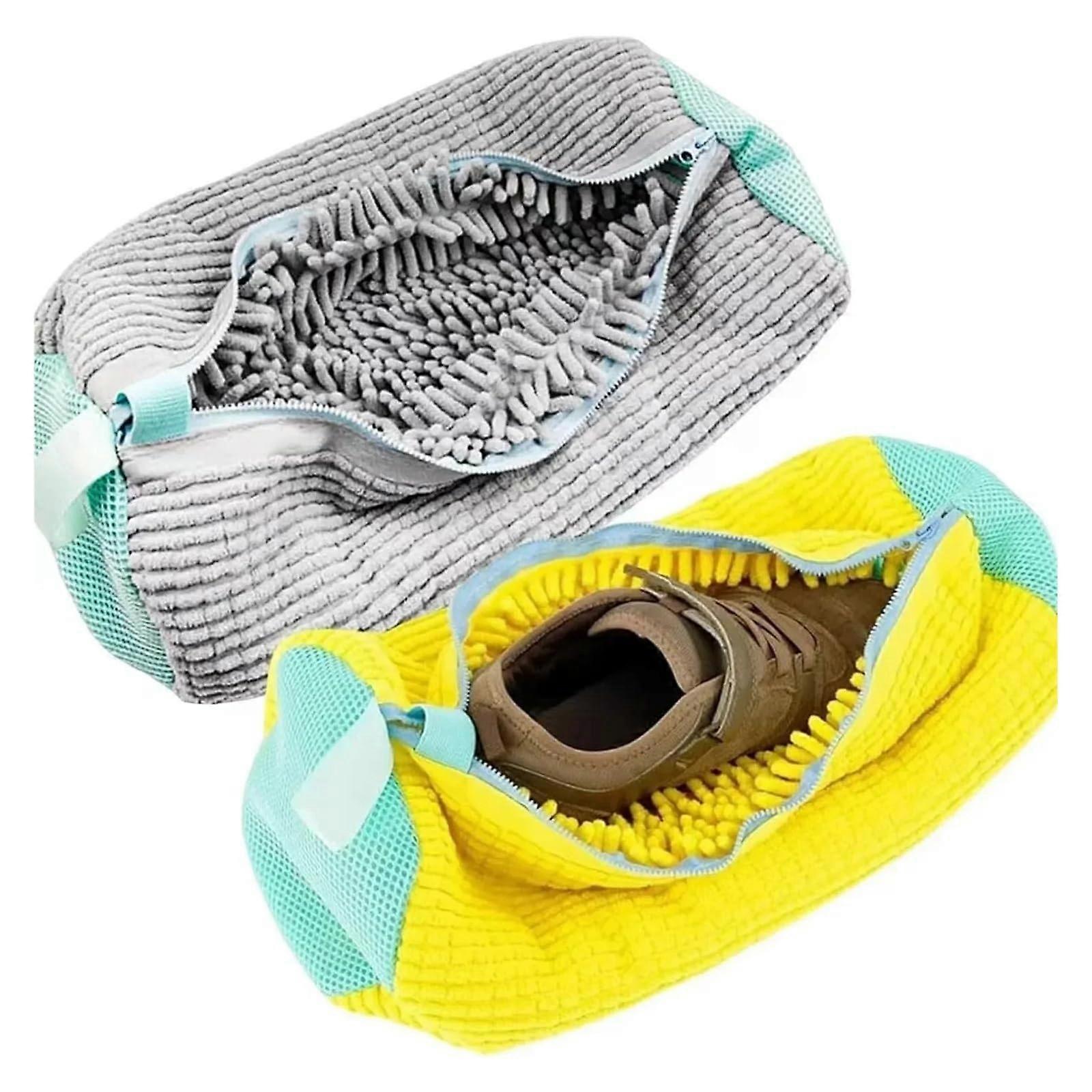 Shoe Washing Machine Bag Laundry Washer Dryer Reusable All Shoe Types Sizes Zipper Closure Padded Fluffy Fibers Sneaker Cleaning(Yellow and Gray)