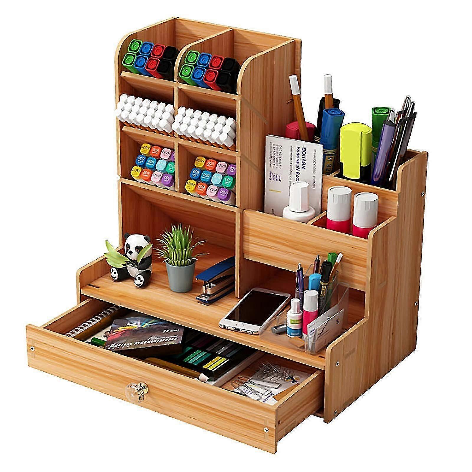 DIY Wooden Desk Organizer, Large Capacity, Storage Box with Drawer for Home, Office and School (Cherry Color)