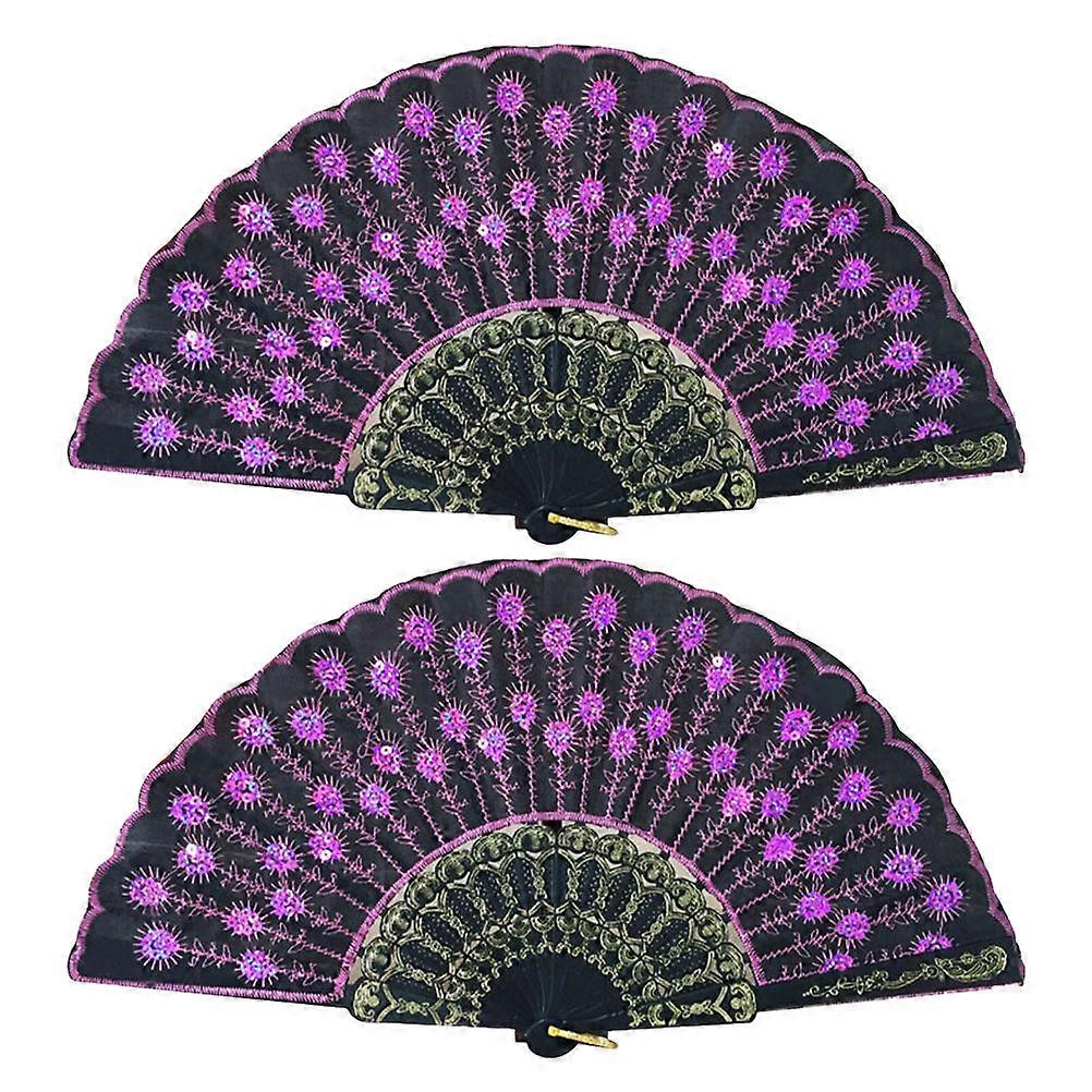 Dancing Fan 2Pcs Embroidered Folding Handheld Fan For Friends Dancer Purple Elegant Style Home Decor