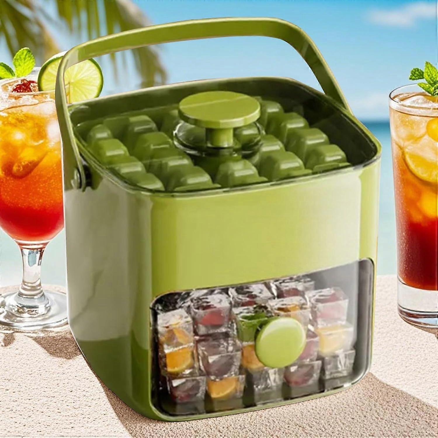 Ice Tray with Lid Green Large Capacity Portable Ice Cube Maker Bin With Handle For Picnic Camping Kitchen Party