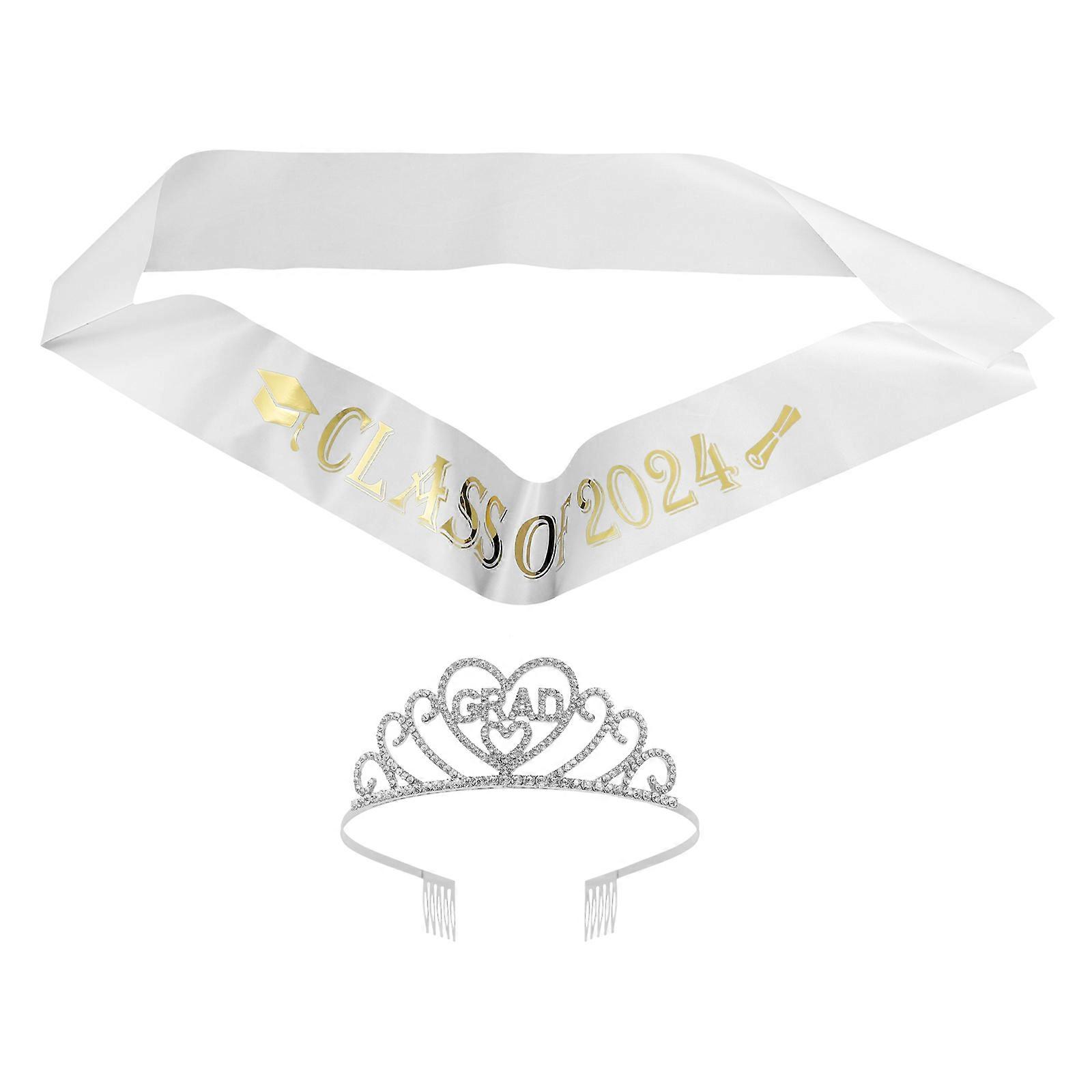 Graduatiuon Crown Sashes Set Simple Design Celebration Accessory White Comfortable Fit 1 Set