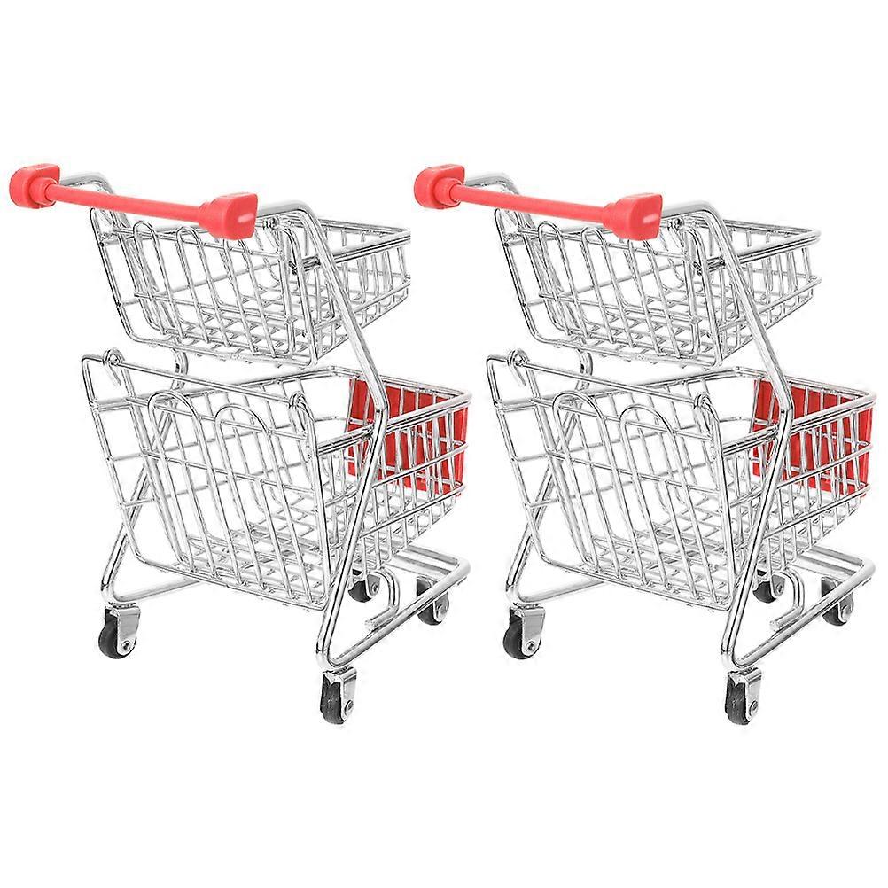 Mini Shopping Cart Two-Tier Silver Desktop Decor Storage 4Pcs Collection