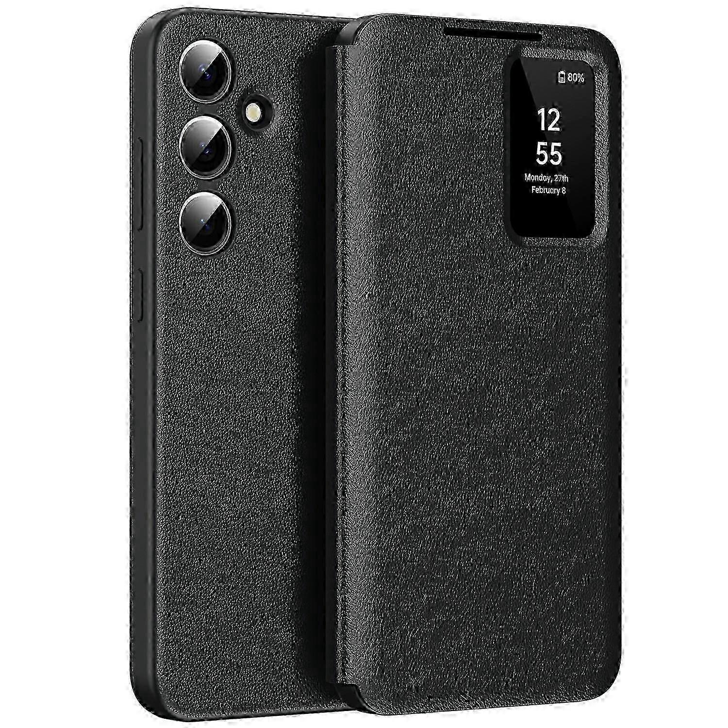 Green Leather Phone Case with Card Holder and Smart View Window for 5G Smartphones