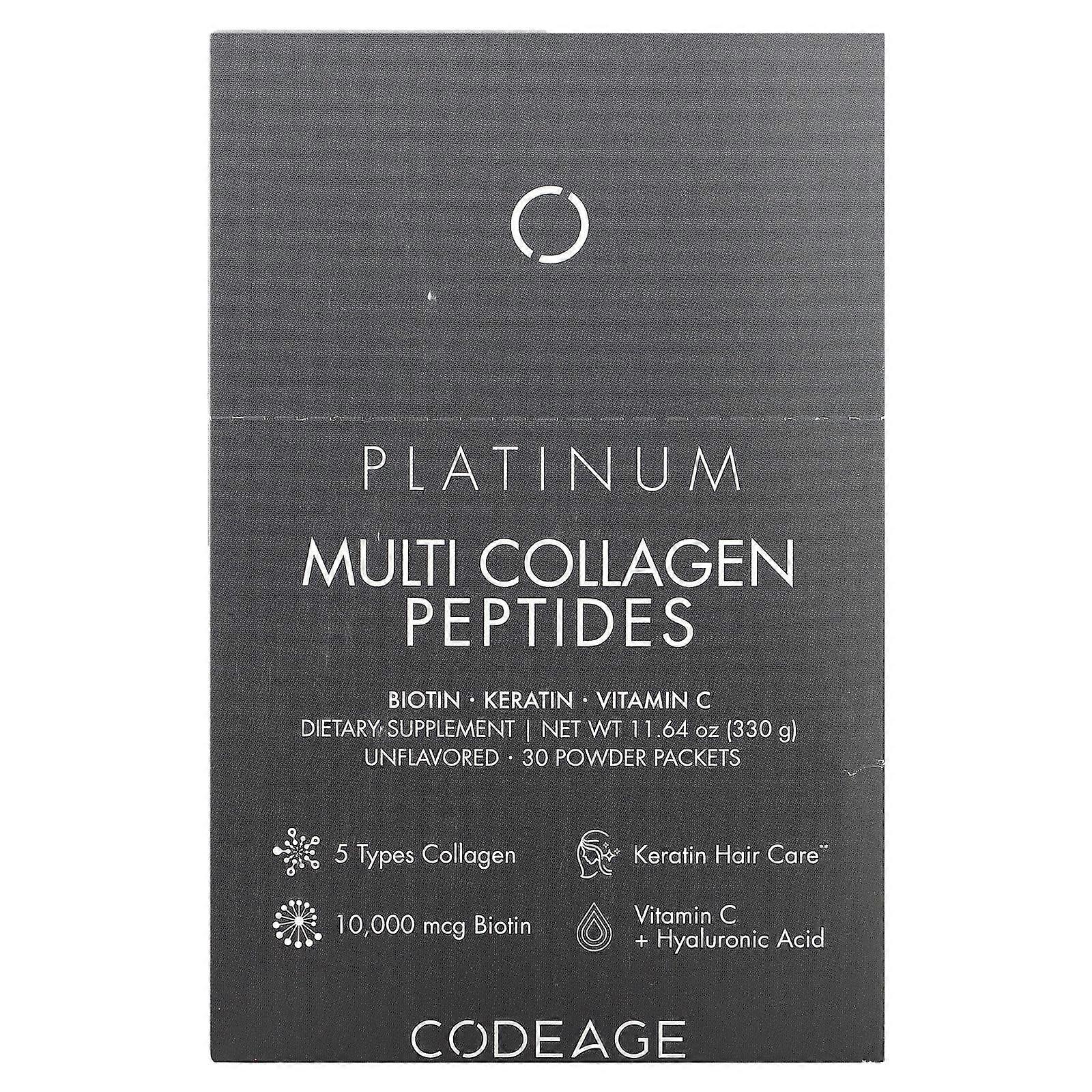 Platinum, Multi Collagen Peptides, Biotin, Keratin, Vitamin C, Unflavored, 30 Packets, 0.38 oz (11 g) Each