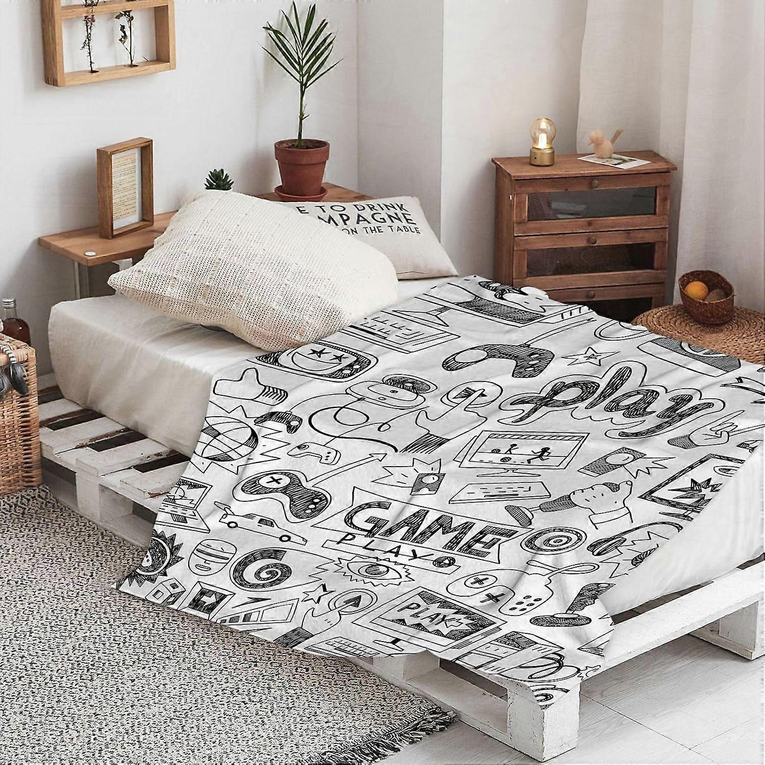 Warm Soft Video game hand drawn doodle set. Video gamer console joystick controller Throw Blanket,Winter Warm Sofa Bed Throw Bed Picnic Blanket Throw 