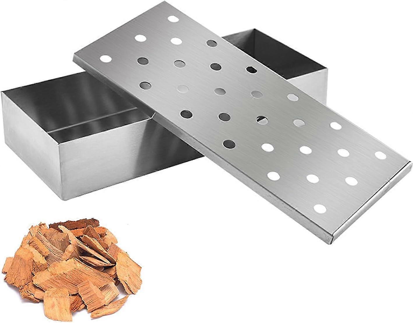 2pcs Silver Stainless Steel Rectangular Smoking Box BBQ Accessory