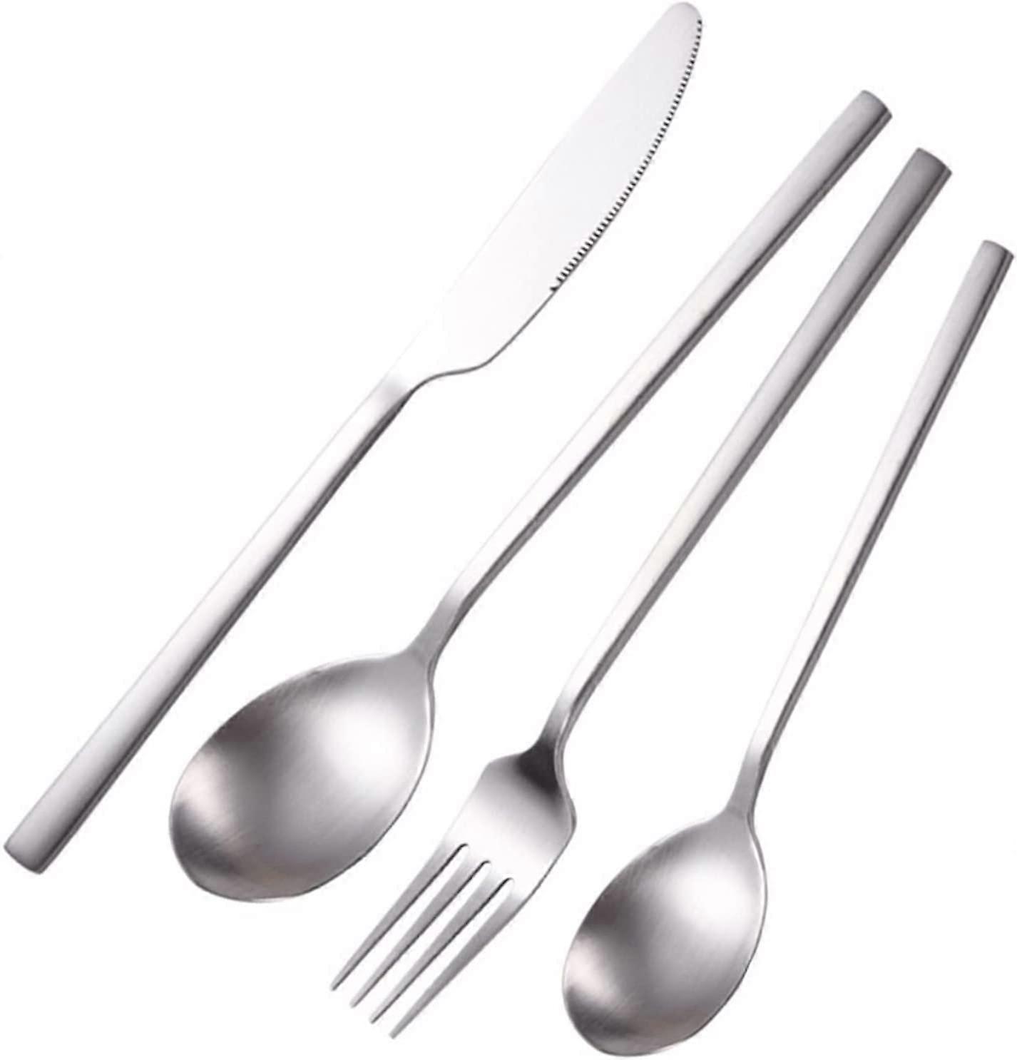 Stainless Steel Flatware Set for 4, Brushed Square Handle Cutlery for Dining, Silver Steak Utensils