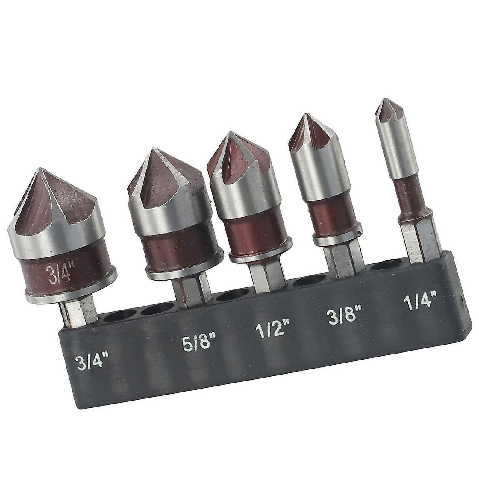 5 Sizes Hex Shank Countersink Drill Bits 82 Degree Chamfer Angle 5 Blade Design For Vibration Reduction And Extended Tool Life Multicolor
