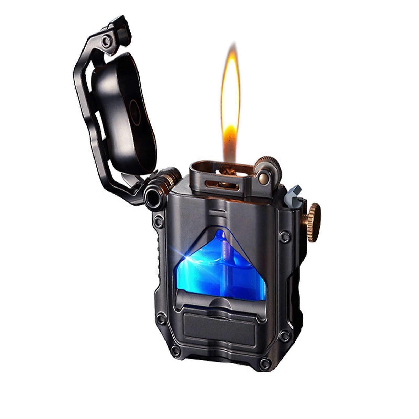 Transparent Retro Kerosene Lighter, Refillable, Transparent Fuel Tank, PushButton Ignition, Air Release, Black