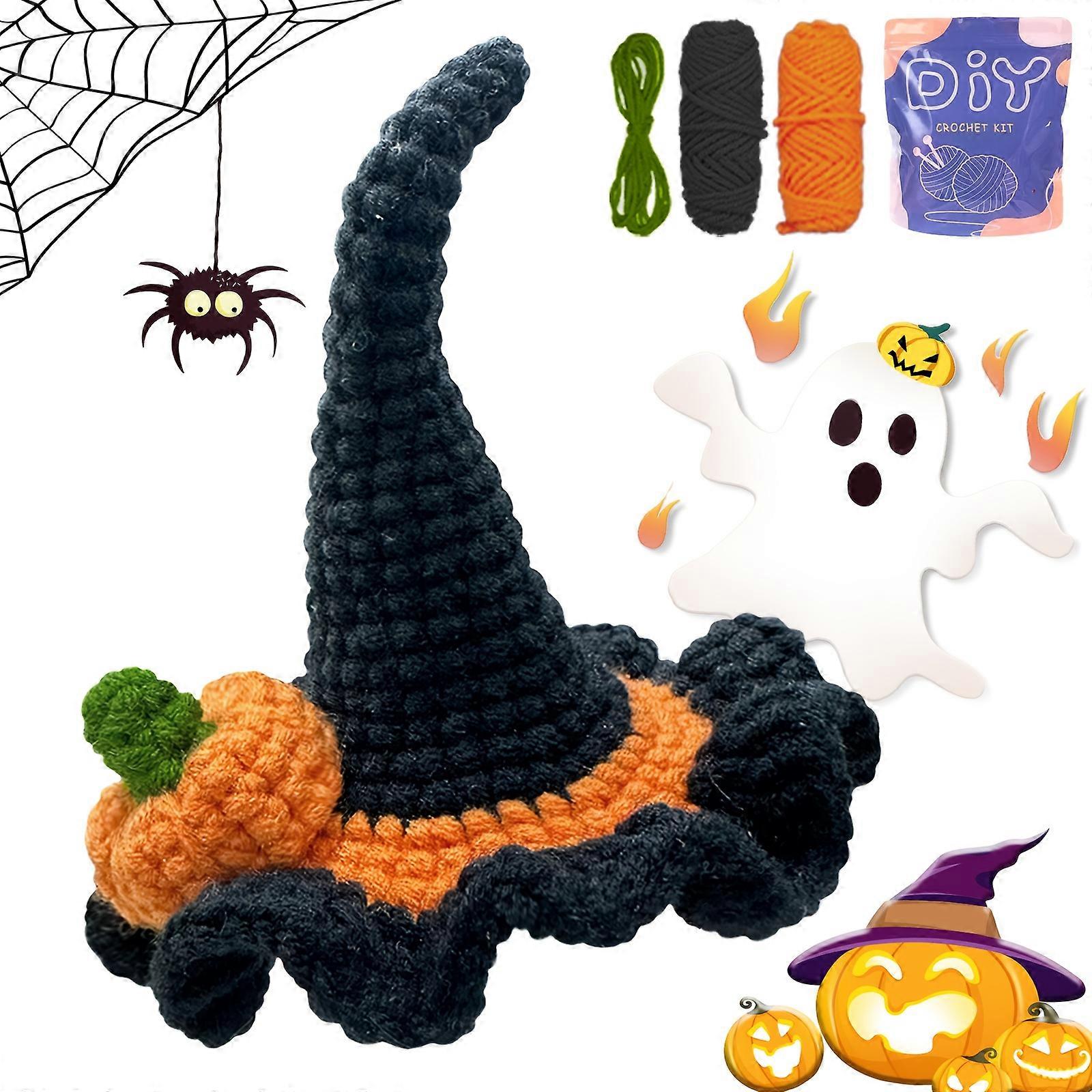 1pc Halloween Pumpkin Witch Hat Crochet Kit, Crochet Knitting Kit with Step-by-Step Video Tutorials, Enough Yarn, Hook