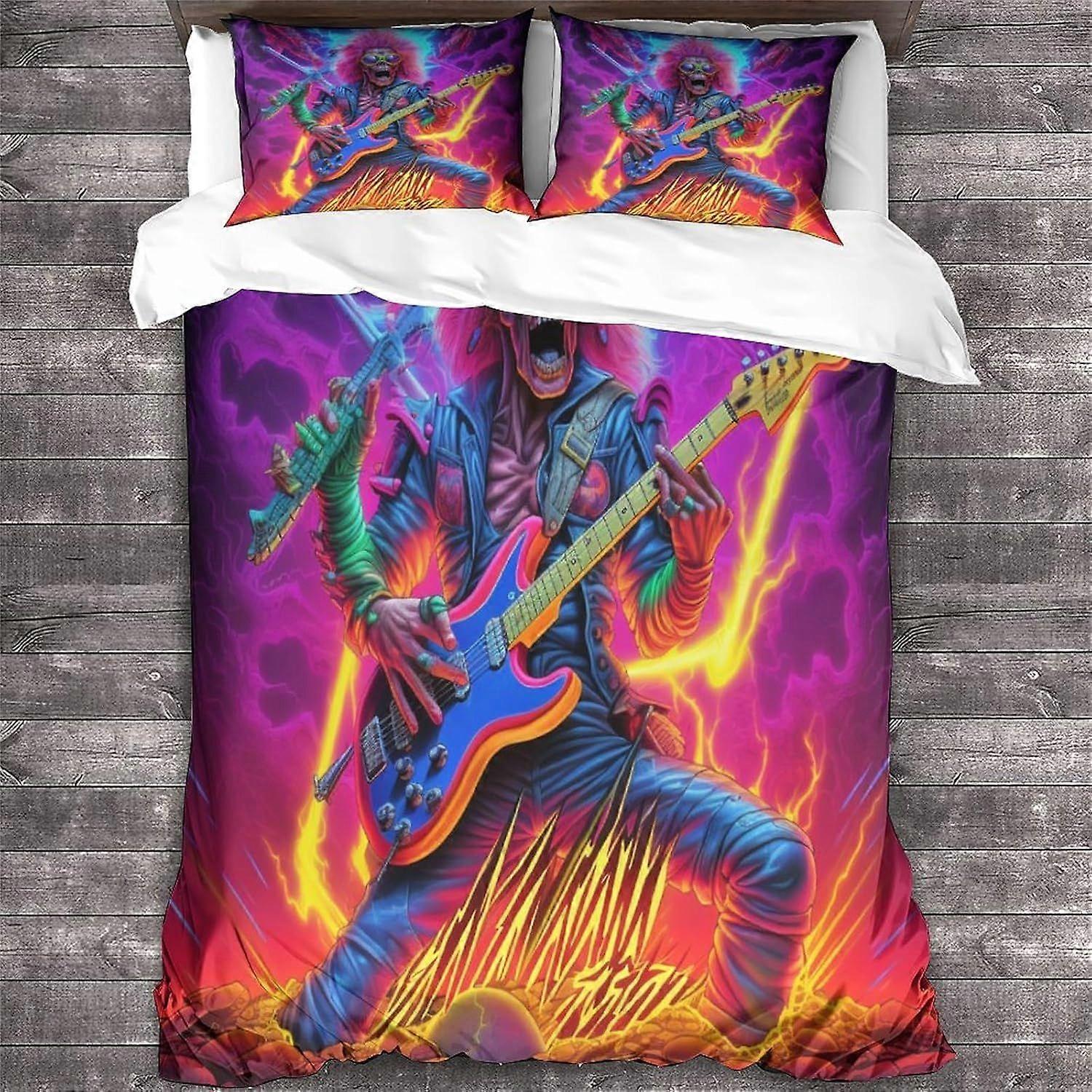 Rock 'n' Roll Sängkläder Set Dödskalle Påslakan Heavy Metal Gitarr Täcke Täcke Täcke Täcke Barn Sängkläder Set 3 st Dubbel