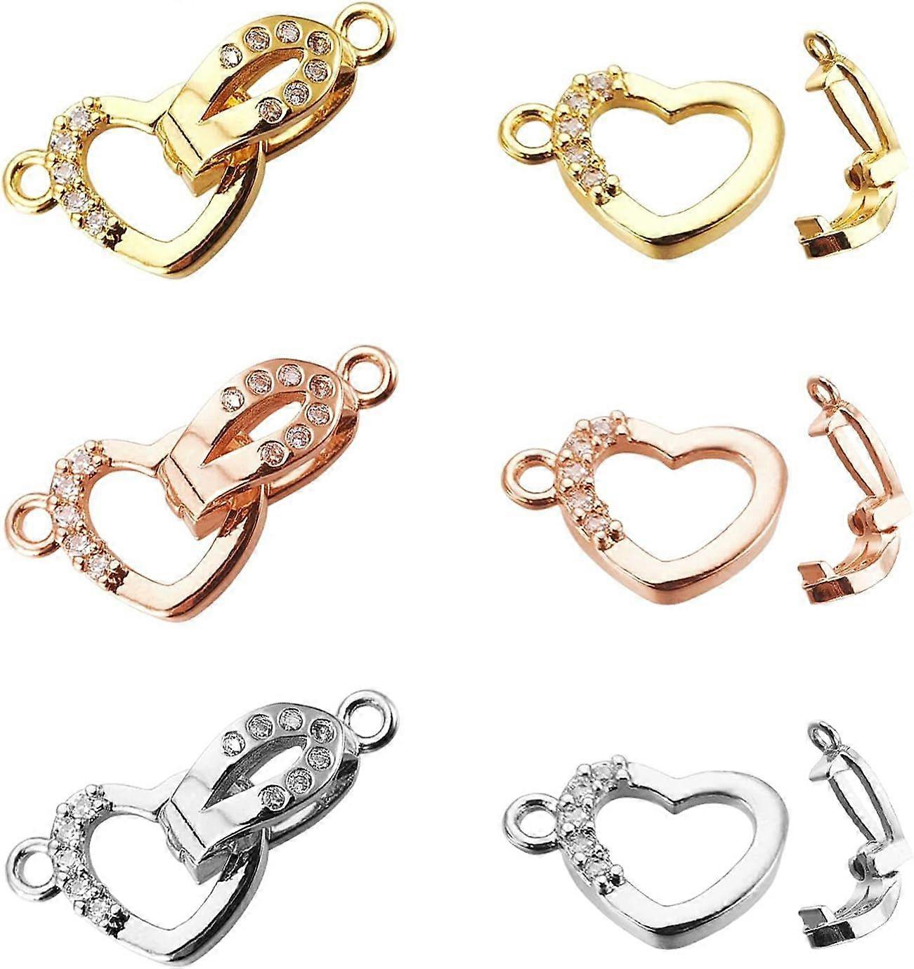 6 Sets of Brass Cubic Zirconia Fold Over Clasp 3 Colors Heart Brass Clasp Extension with Cubic Zirconia for Bracelets Necklaces Jewelry Making Crafts