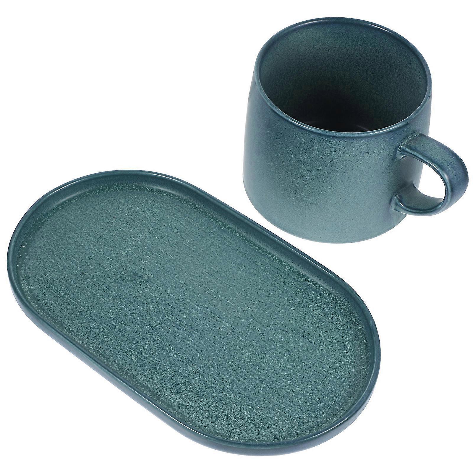 Ceramic Breakfast Cup Plate Nordic Simple Large Capacity Tableware Navy Blue Ergonomic Handle 1Set